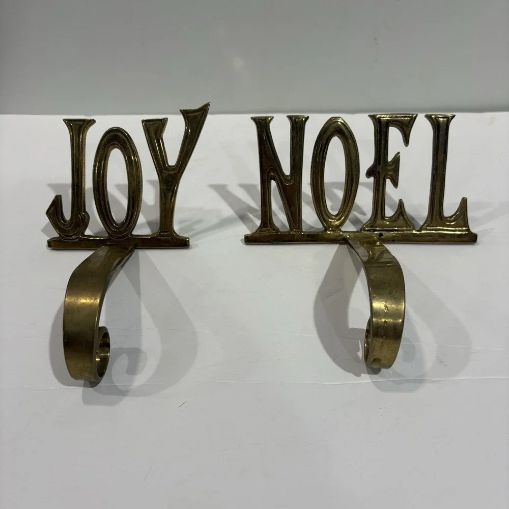 Vintage Brass Christmas Stocking Hangers Lot Of 2 Noel Joy 4